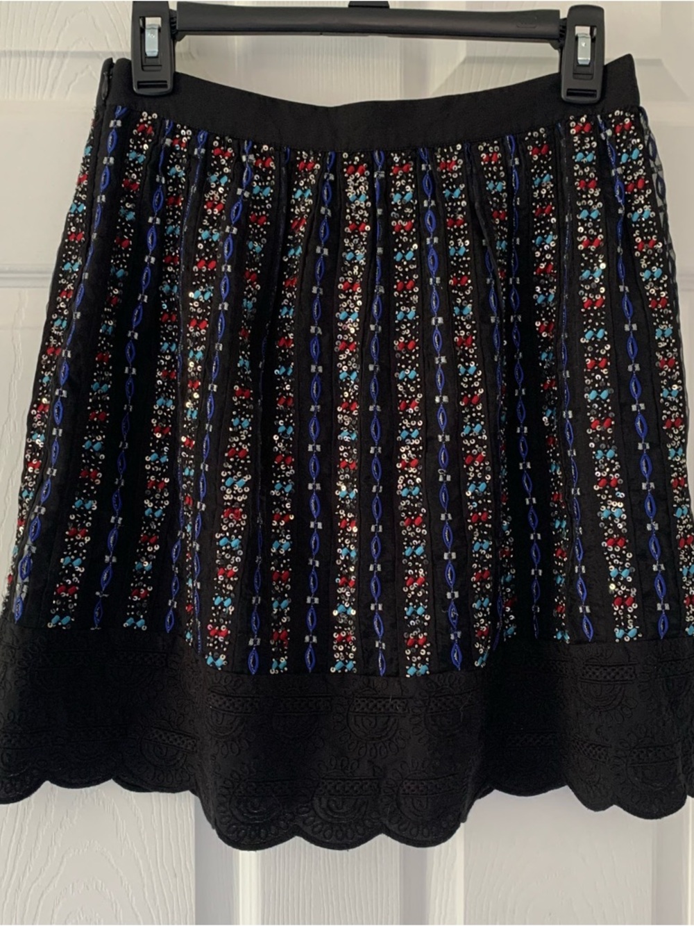 Club Monaco Black Embroidered Mini Skirt with Blue, Red & Turquoise Accents